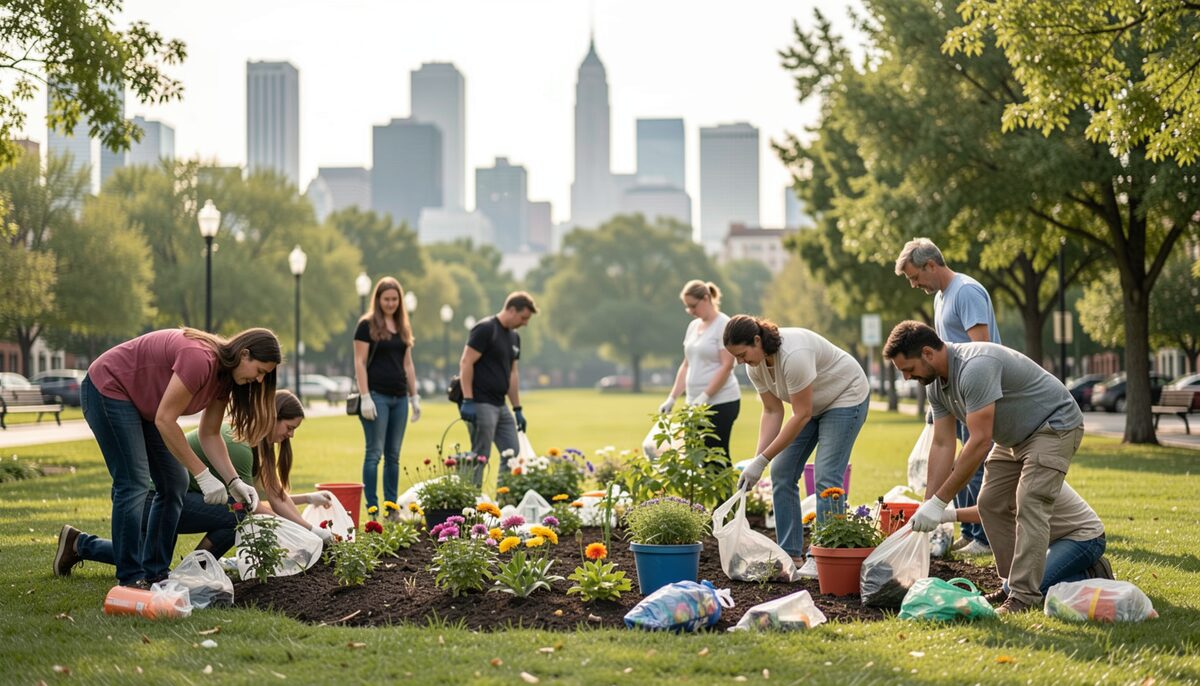 多世代の市民が公園でごみ拾いや花植えを行う様子。姫路の市街地を背景にしたイメージです。この写真はAIで生成したイメージです。