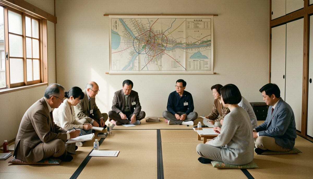 畳の部屋で地図を囲み話し合う1950年代風の地域集会の想象図。この画像はAIで生成されたイメージです。