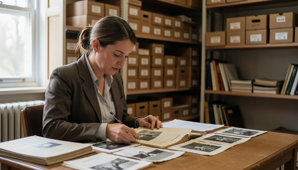 図書館のアーカイブルームで古い写真や資料を調べる人物。背景には資料箱が並ぶ棚。この画像はAIによって生成されたイメージです。