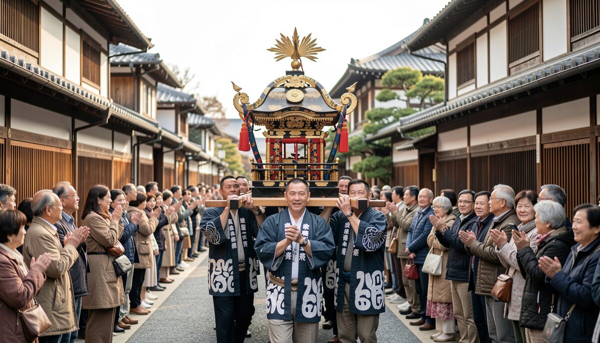 法被を着た参加者が神輿を担ぎ、沿道に観客が並ぶ姫路の伝統的な祭りの様子。この画像はAIによって生成されたイメージです。