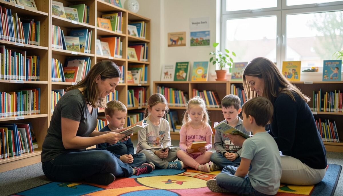 学校図書館で子供たちに本を読む大人たち。カラフルな本棚とカーペットに座る子供たち。イメージ画像（AI生成）。
