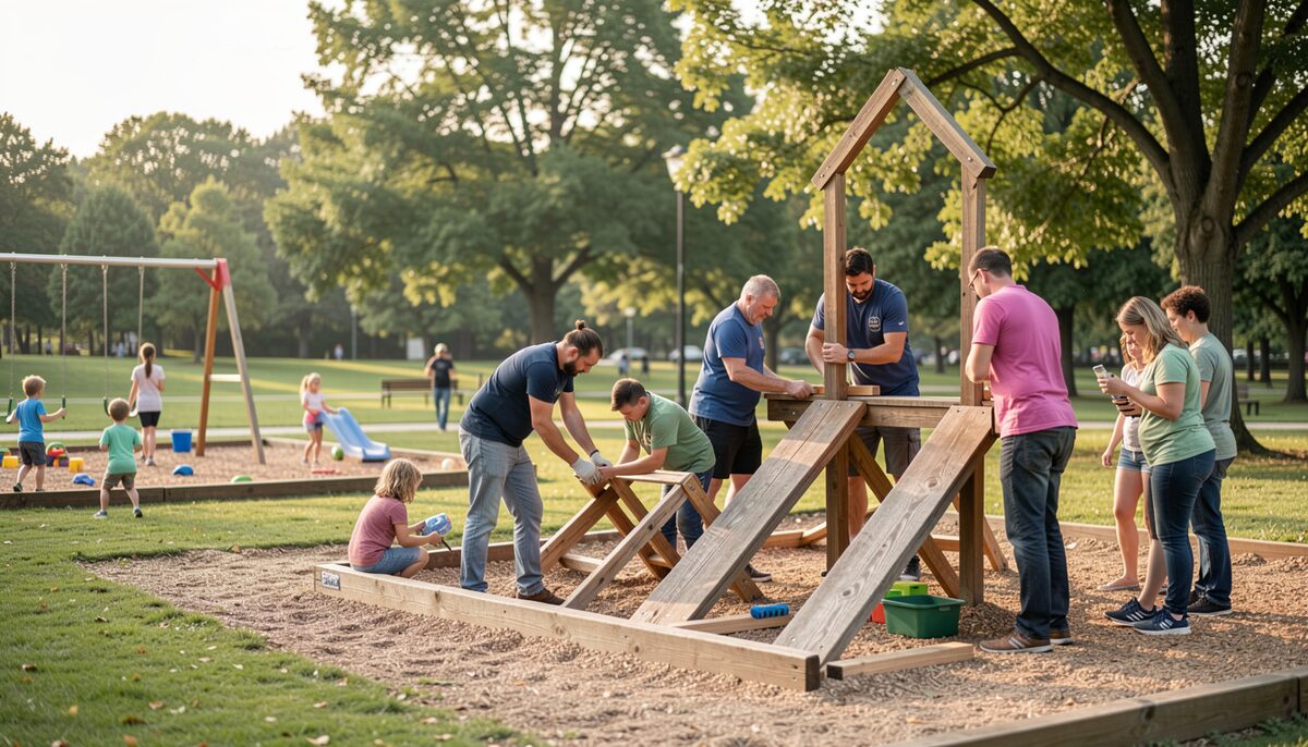 公共公園で遊具を組み立てるボランティアのグループ。近くで子供たちが遊び、大人が見守っている。この画像はAIによって生成されたイメージです。