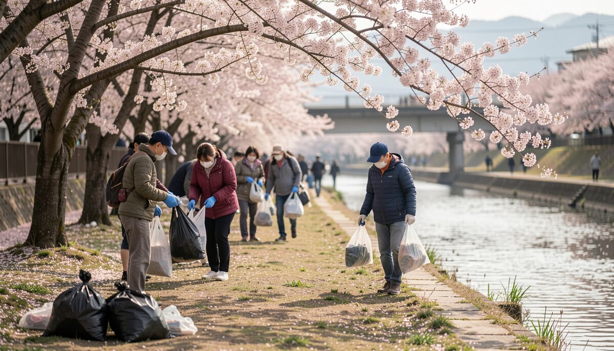 桜の咲く河岸で、幅広い世代のボランティアが軍手とごみ袋を持って清掃する様子。イメージ画像（AI生成）。